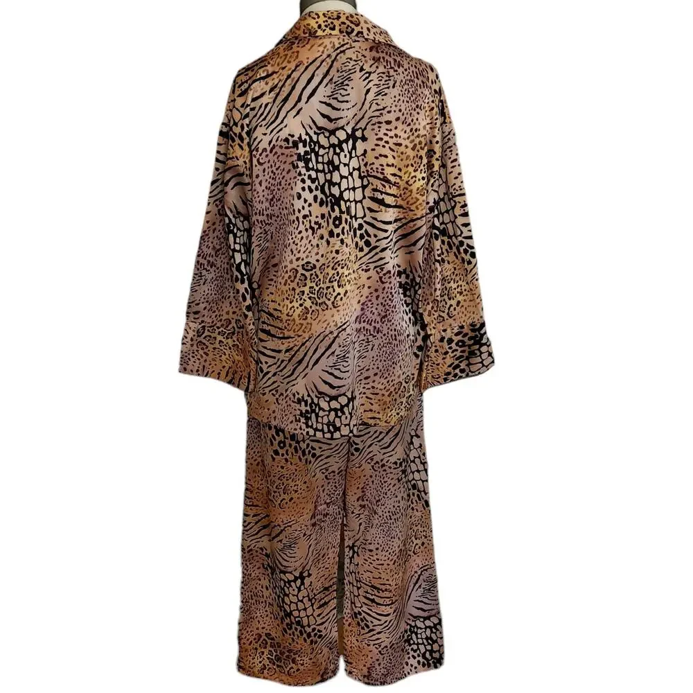 NATORI 2 pc leopard animal print silky lounge pajama pjs set crop pants top Sz S - Picture 2 of 10